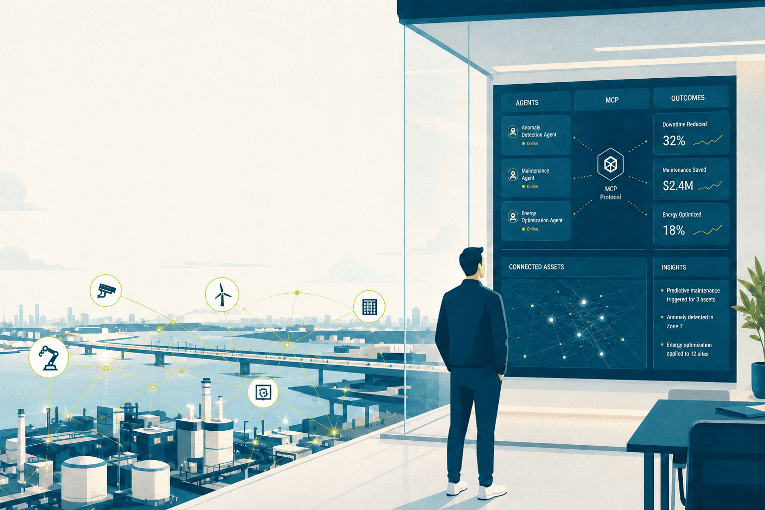An operator watches an agent dashboard of MCP-connected agents and outcomes while an IoT-linked industrial skyline stretches below.