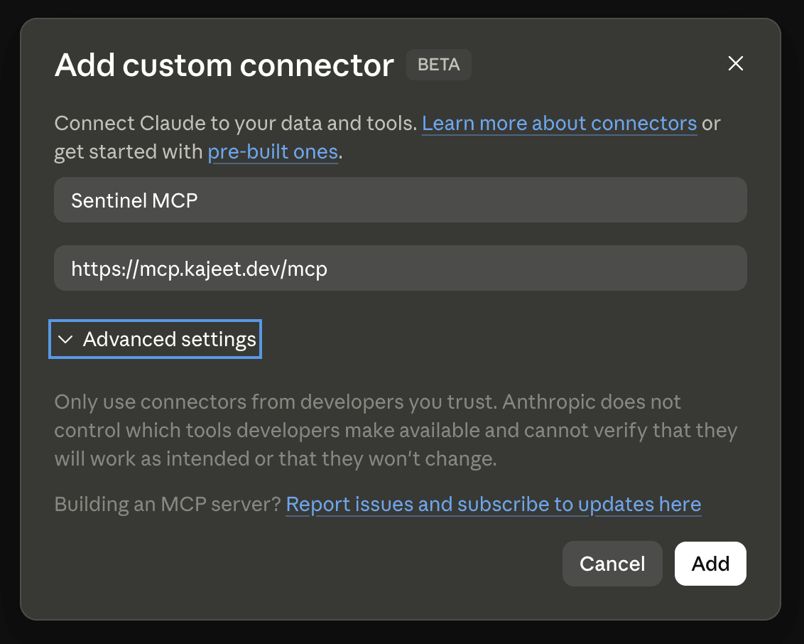Claude.ai’s Add custom connector dialog with the name Sentinel MCP and the URL https://mcp.kajeet.dev/mcp filled in.