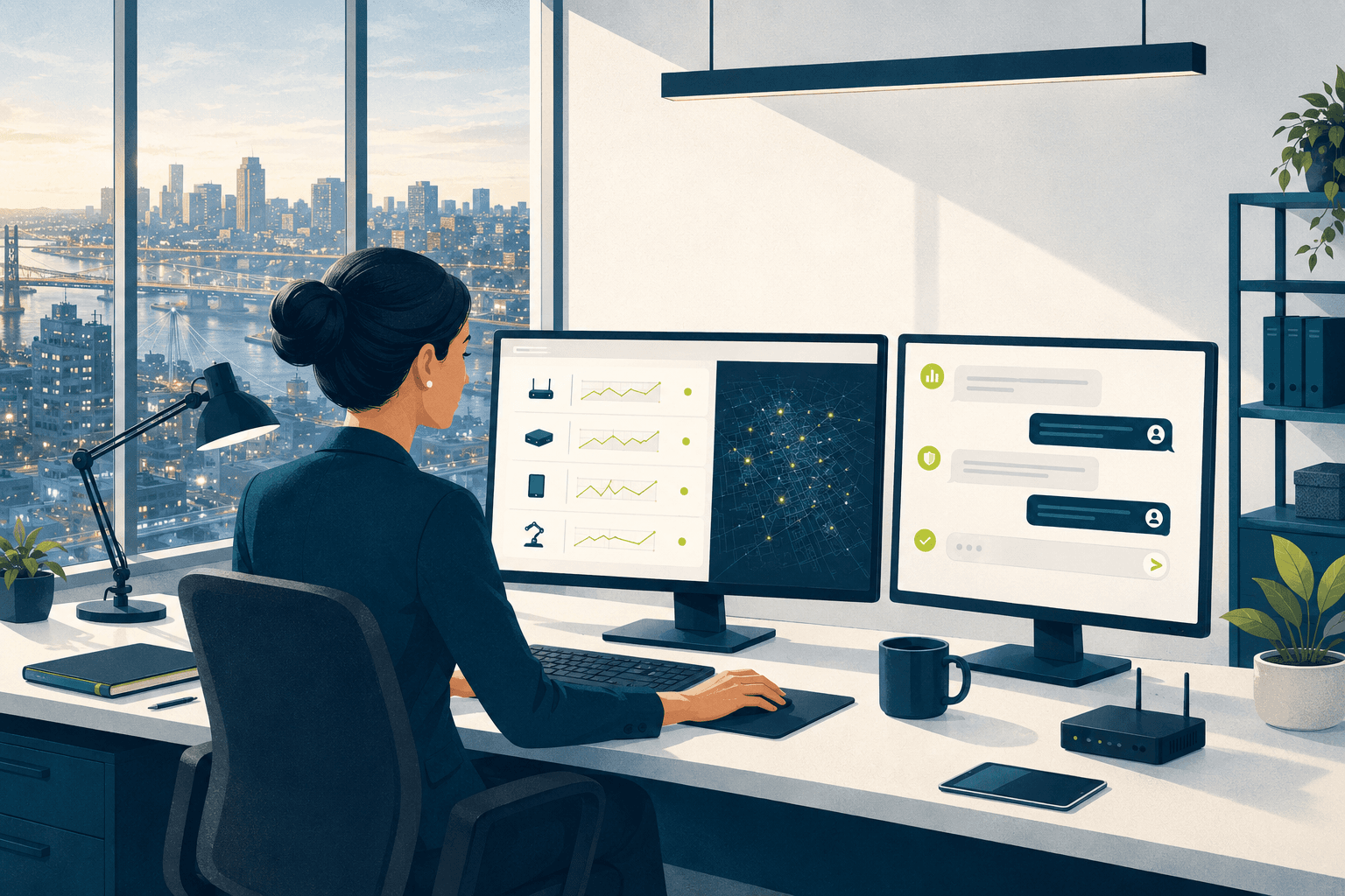 An operator works between two monitors, a Sentinel fleet dashboard on one and a Claude chat on the other, above a city skyline.
