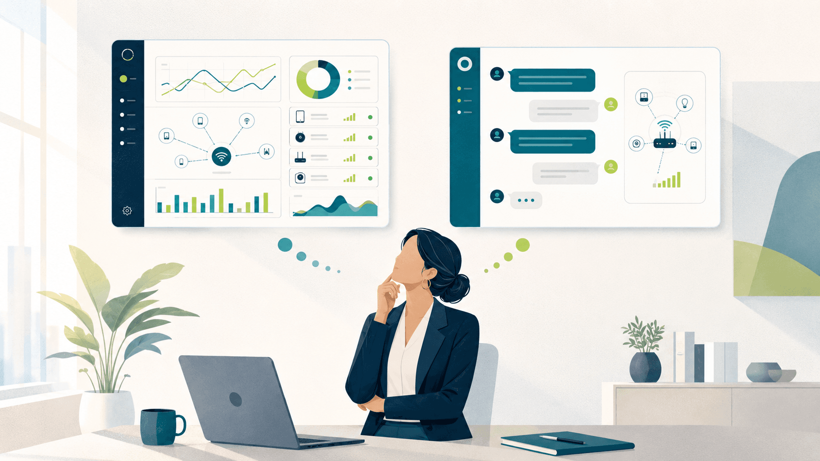 An operator weighs two wall screens, a device dashboard full of charts on the left and an agent chat connected to devices on the right.