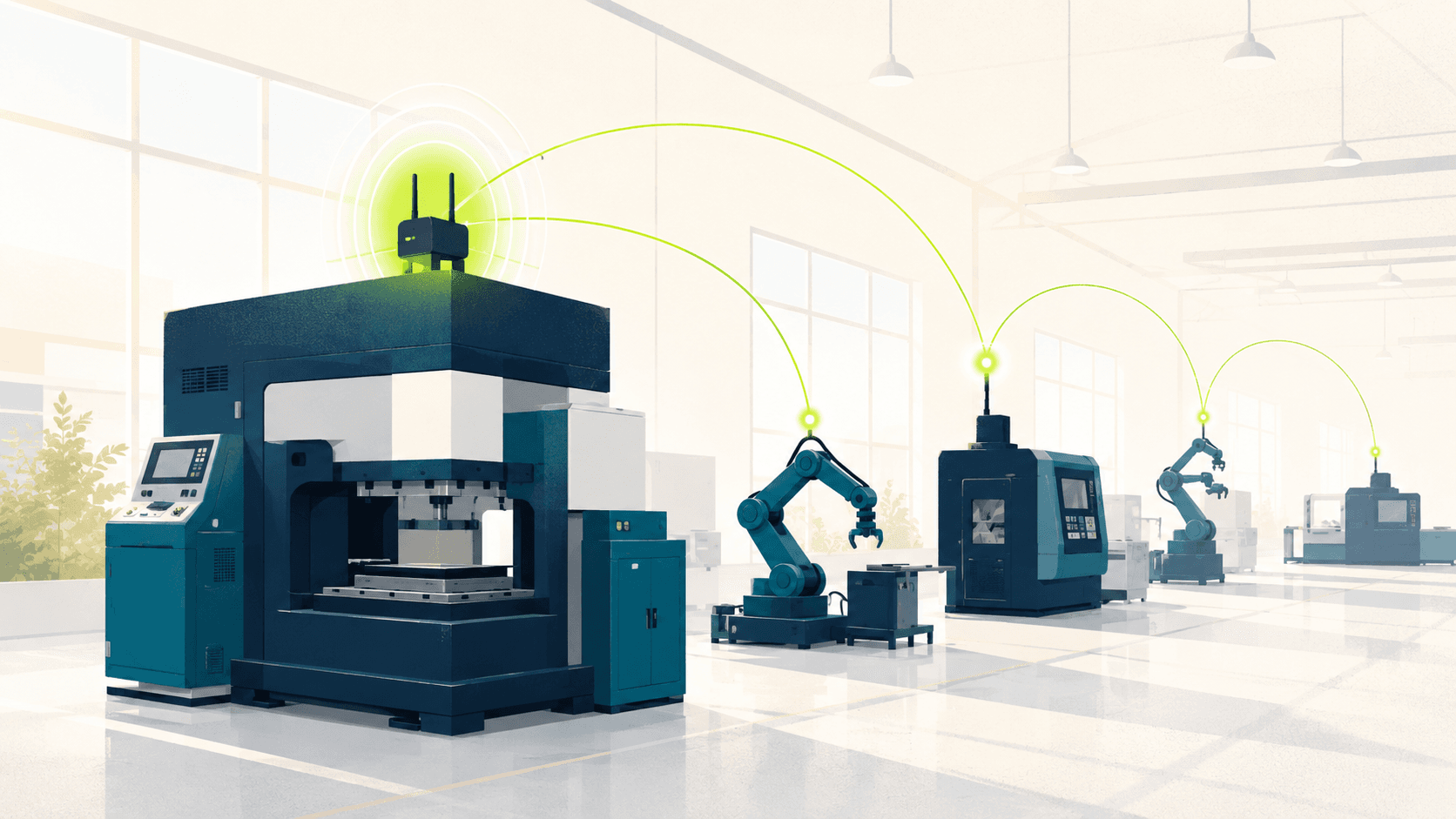 A cellular gateway glows on a stamping press as connectivity arcs link robots and machines across a factory floor.